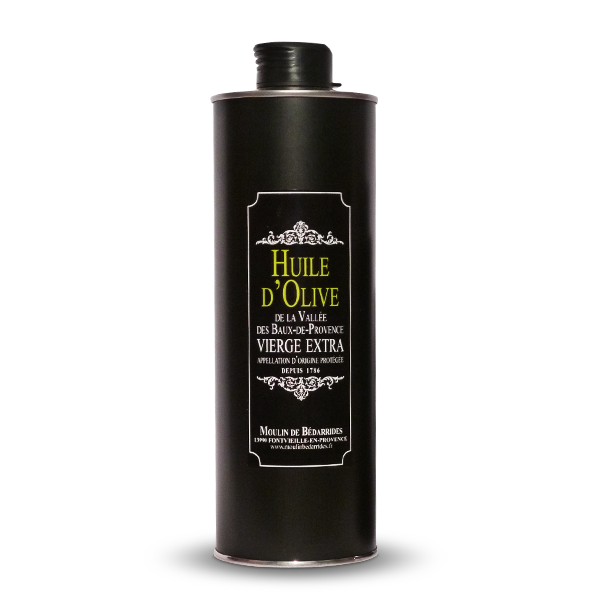 Bidon inox noir de 1 l d'huile d'olive vierge extra A.O.P. de la Vallée des Baux-de-Provence