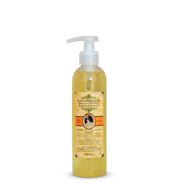 Gel douche 250 ml aux agrumes, élaboré avec l’huile d’olive vierge extra produite par le Moulin