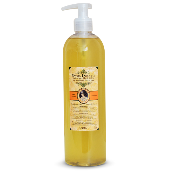 Gel douche 500ml aux agrumes, élaboré avec l’huile d’olive vierge extra produite par le Moulin
