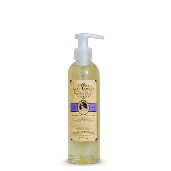 Gel douche 250 ml à la lavande, élaboré avec l’huile d’olive vierge extra produite par le Moulin