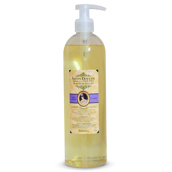 Gel douche 500ml à la lavande, élaboré avec l’huile d’olive vierge extra produite par le Moulin