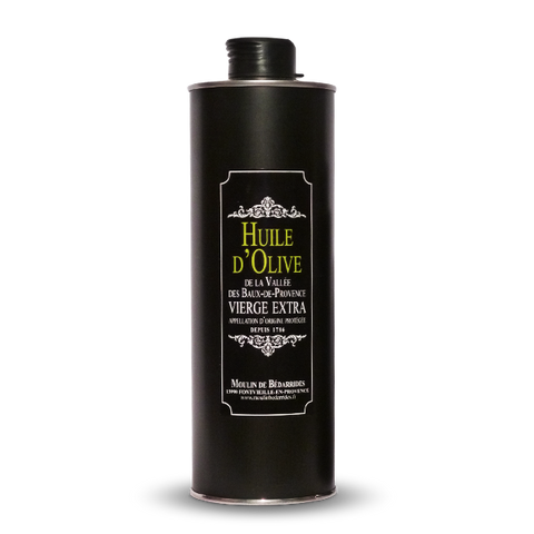 Bidon inox noir de 75 cl d'huile d'olive vierge extra A.O.P. de la Vallée des Baux-de-Provence