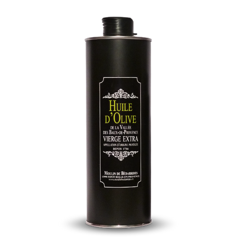 Bidon inox noir de 1 l d'huile d'olive vierge extra A.O.P. de la Vallée des Baux-de-Provence