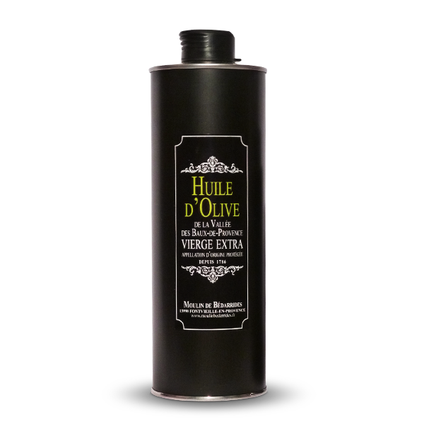 Bidon inox noir de 75 cl d'huile d'olive vierge extra A.O.P. de la Vallée des Baux-de-Provence